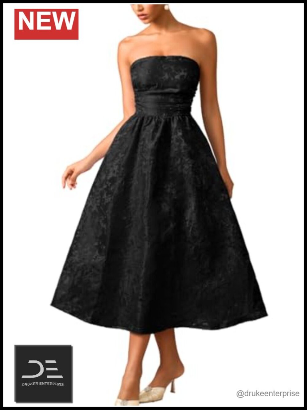 Strapless Corset Midi Dress Jacquard Formal Wedding Guest Cocktail A-Line